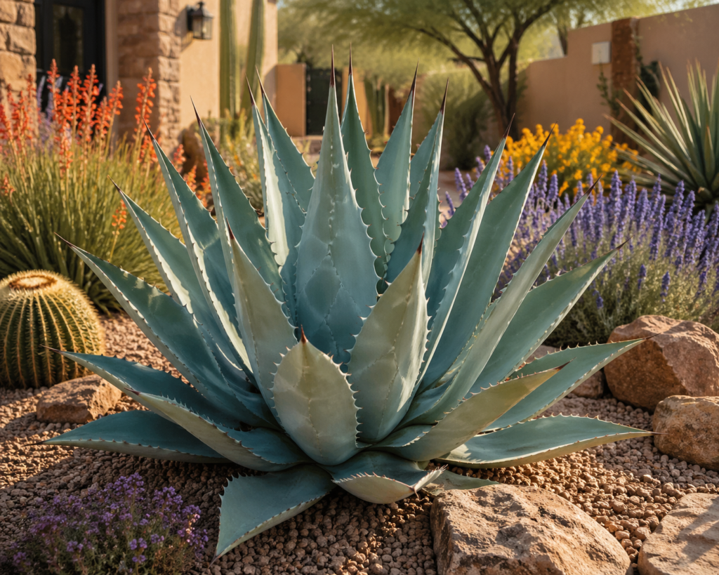 Large blue-green agave plant growing in a xeriscape garden with gravel, rocks, and drought-tolerant plants under bright sunlight.