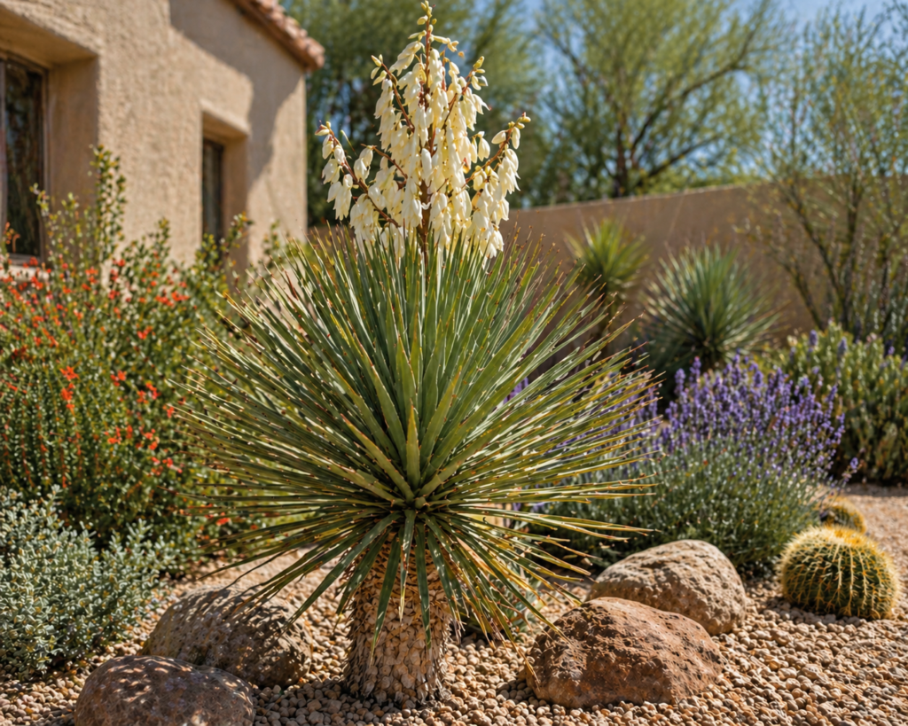 Yucca plant with spiky green leaves and tall white flower stalks growing in a drought-tolerant xeriscape garden with gravel and desert plants.
