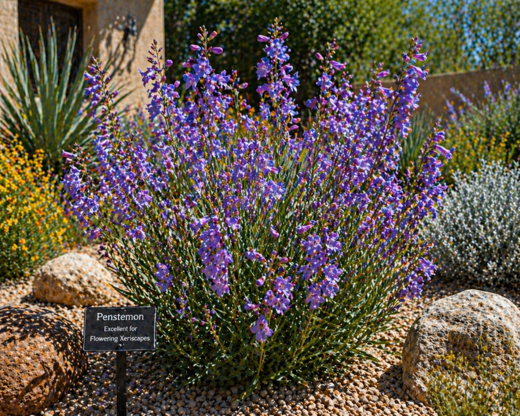 Penstemon flowers blooming in a xeriscape garden with gravel and drought-tolerant plants, adding vibrant color and attracting pollinators in a low-water landscape.

