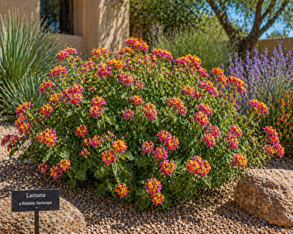 Lantana plant with colorful clustered blooms growing in a xeriscape garden, surrounded by gravel and drought-tolerant plants in full sun.
