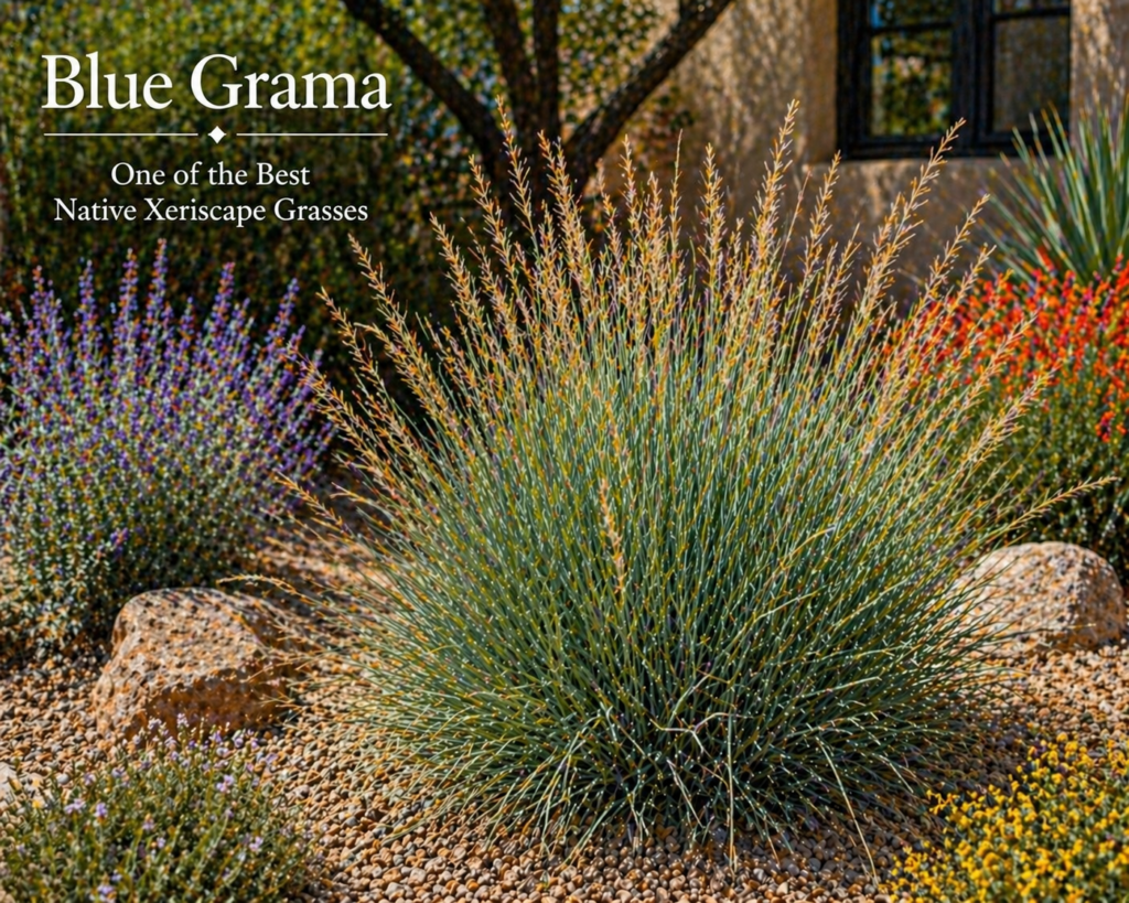 Blue Grama grass growing in a xeriscape garden with gravel and native drought-tolerant plants, showing fine-textured foliage and distinctive seed heads for low-water landscaping.
