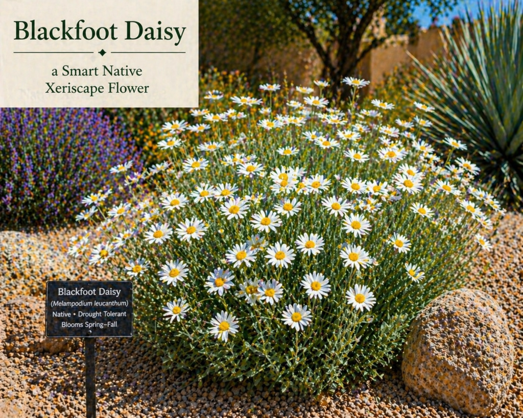 Blackfoot Daisy blooming in a xeriscape garden with white flowers, gravel, and native drought-tolerant plants, adding long-lasting color to a low-water landscape.
