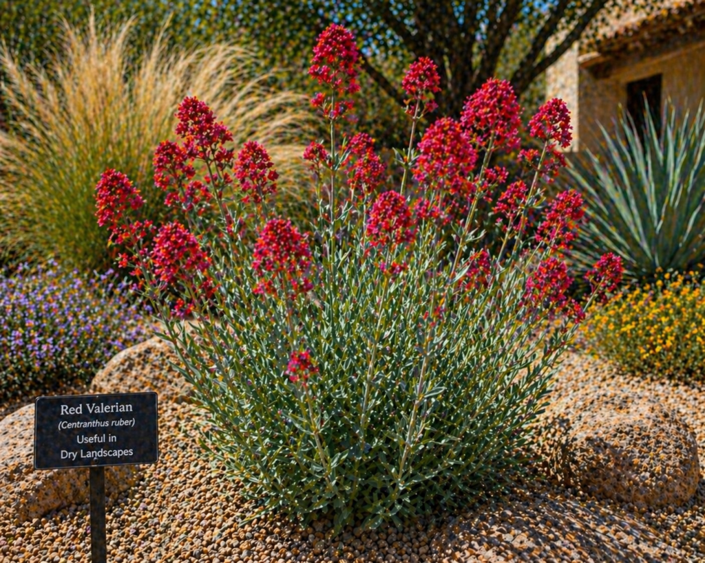 Red Valerian flowering in a xeriscape garden with gravel and drought-tolerant plants, providing vibrant color and thriving in dry, rocky landscapes.

