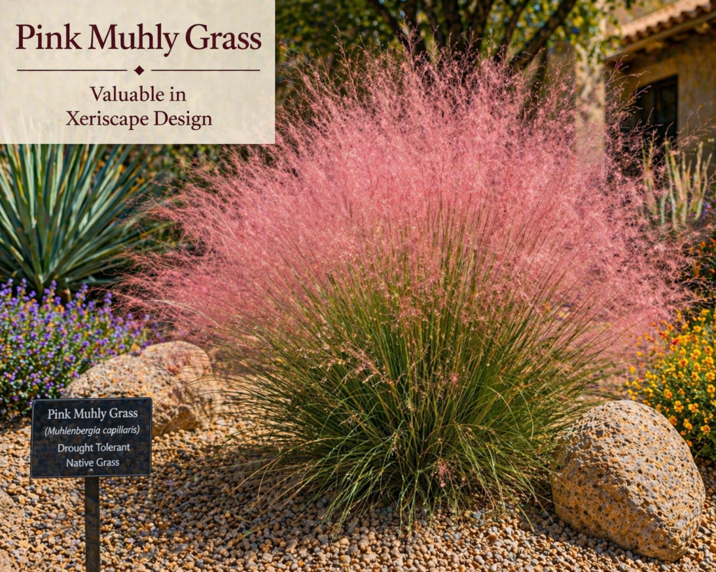 Pink Muhly Grass with soft pink feathery plumes growing in a xeriscape garden, adding texture and seasonal color to a drought-tolerant landscape.
