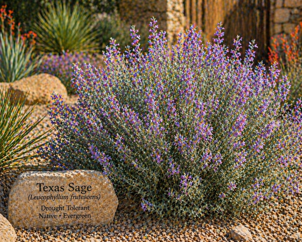 Texas Sage shrub with silvery-green foliage and purple flowers growing in a xeriscape garden with gravel and drought-tolerant desert plants in bright sunlight.
