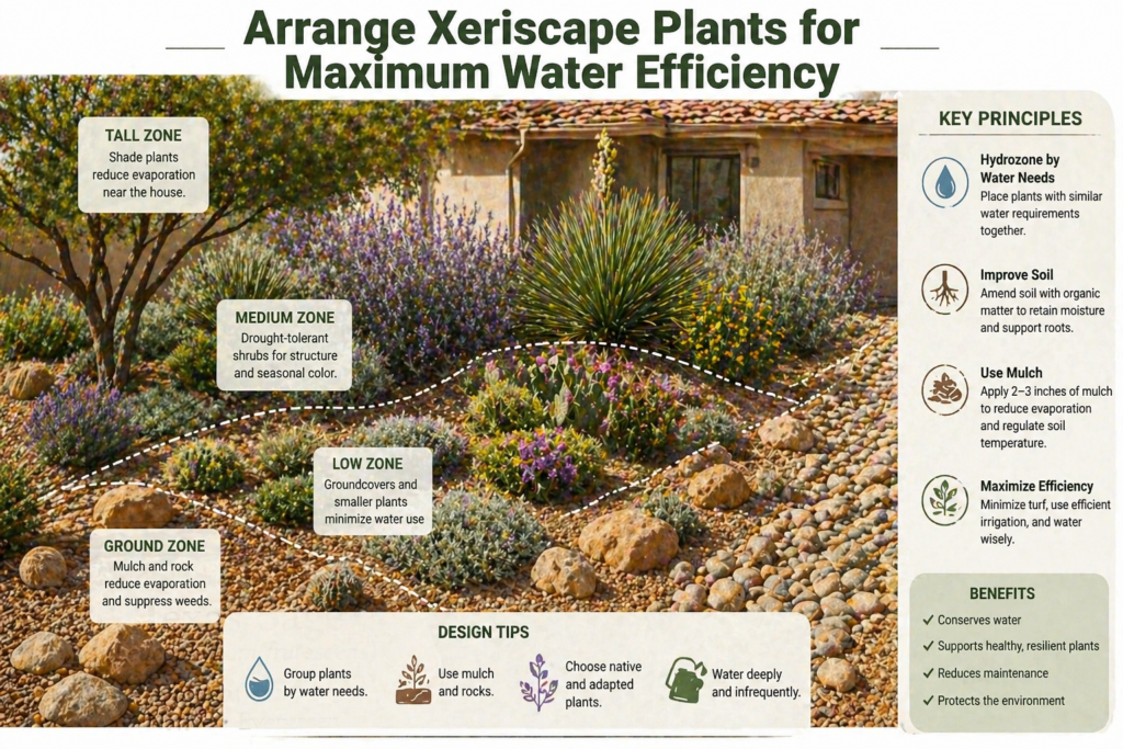 Xeriscape plants arranged in water-efficient zones with agave, shrubs, flowers, and ornamental grasses grouped by irrigation needs in a drought-tolerant garden layout.
