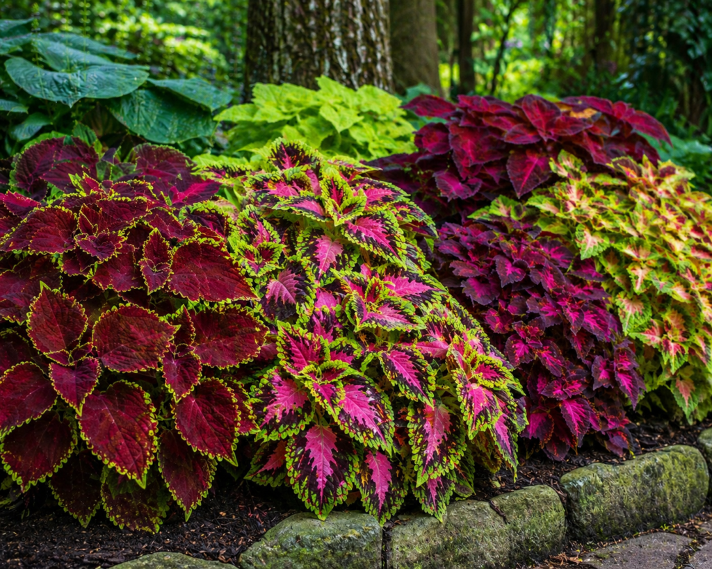 Shade coleus plants with vibrant burgundy, pink, and green foliage growing in a shaded garden bed, creating rich ornamental color and texture.
