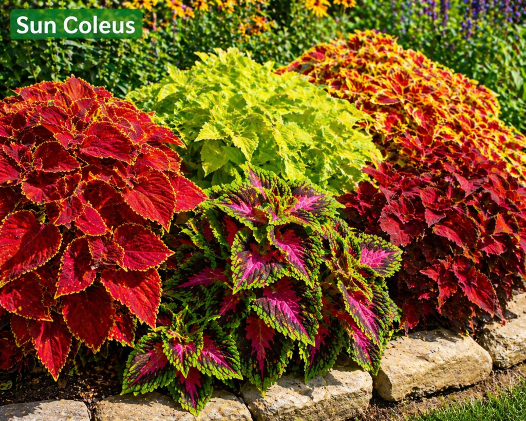 Sun coleus plants with bold red, pink, and lime-green foliage growing in bright sunlight, creating a vibrant and colorful garden display.
