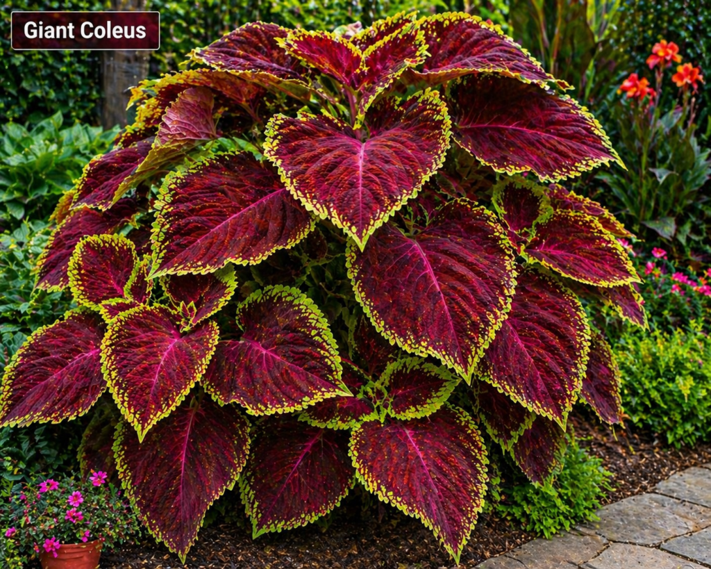 Large giant coleus plants with oversized colorful leaves in shades of red, green, and burgundy, creating a bold tropical focal point in the garden.
