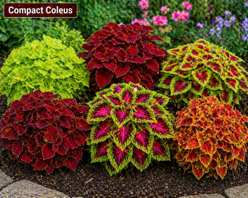 Compact coleus plants with dense colorful foliage in red, pink, lime green, and orange, growing neatly in a decorative garden bed.
