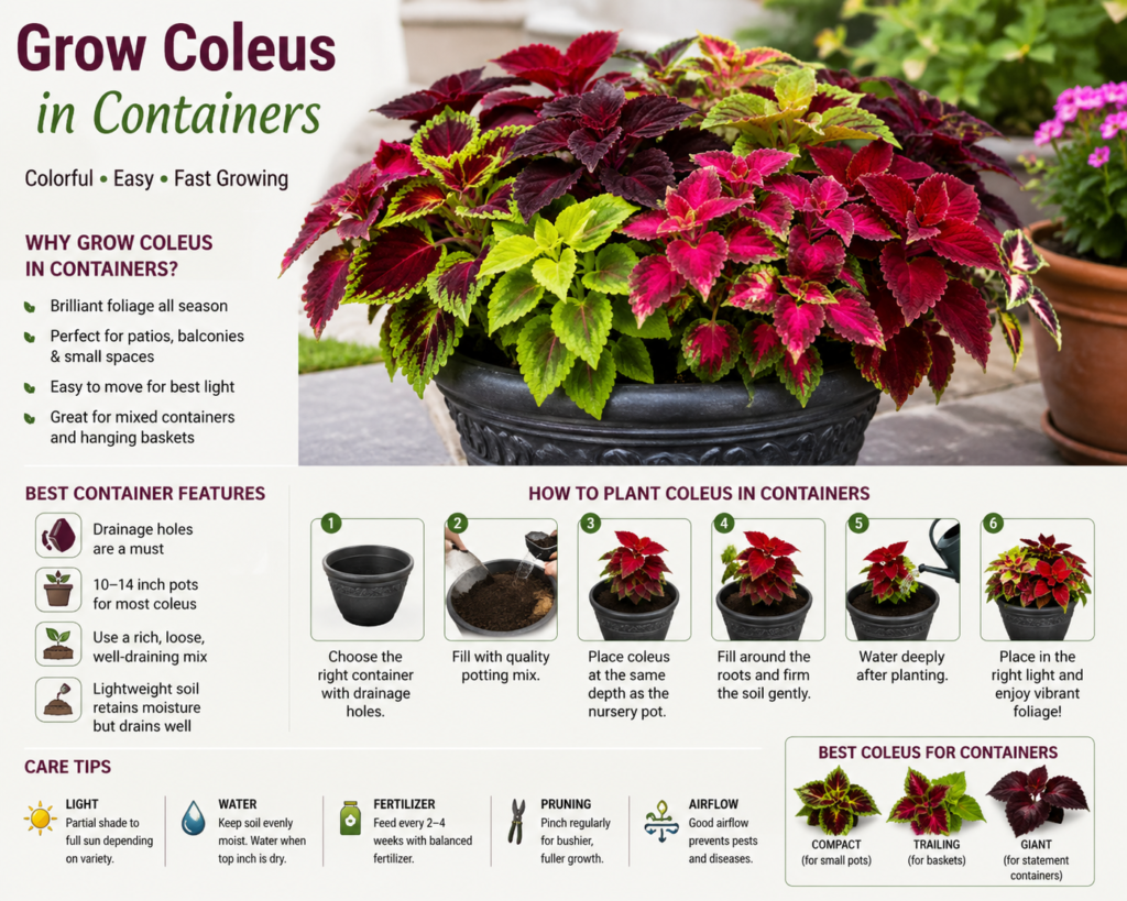 Colorful coleus plants growing in a container with care tips for planting, watering, light, and pruning.

