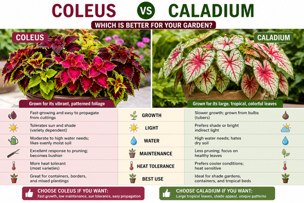 Side-by-side comparison of coleus and caladium plants, showing differences in foliage color, growth habit, light needs, and garden use.
