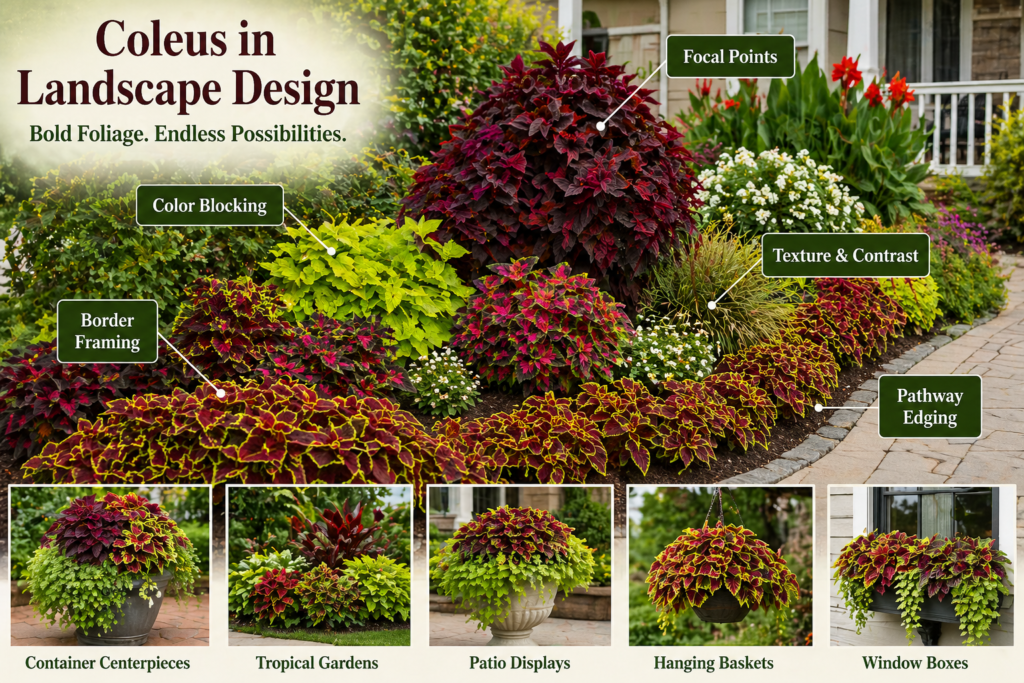 Colorful coleus plants arranged in a vibrant landscape design, showing how foliage can be used for borders, focal points, and pathway edging.
