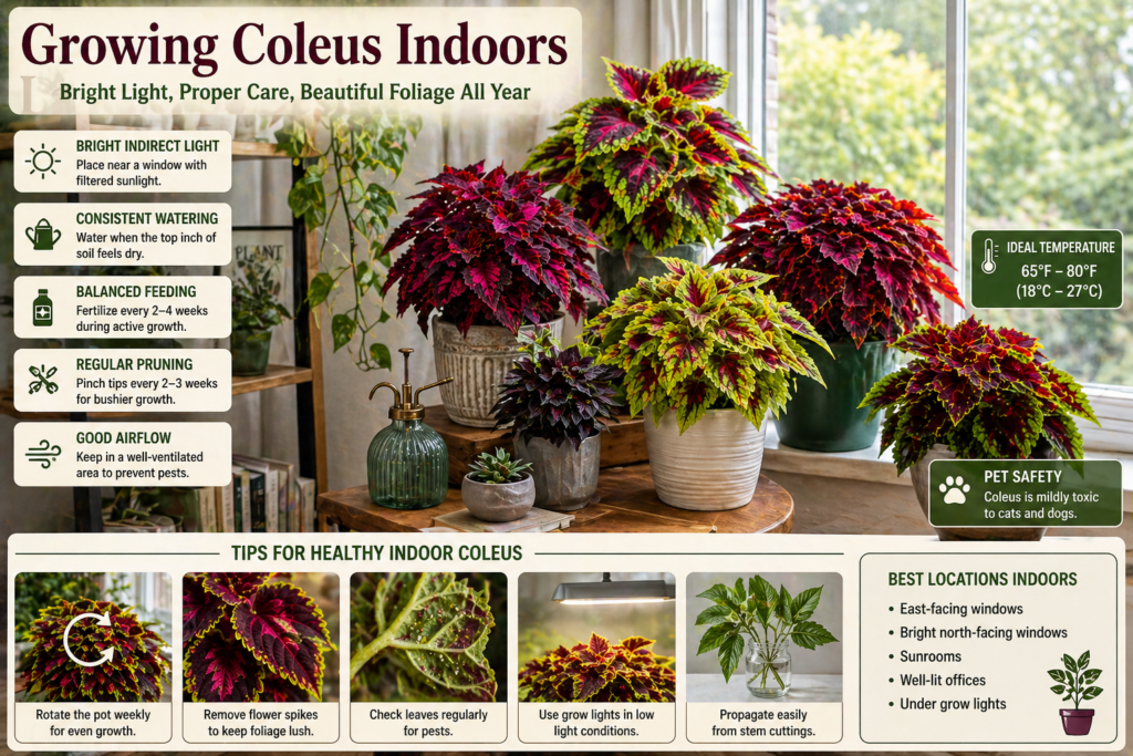 Colorful coleus plants growing indoors near a bright window, showing healthy foliage and ideal placement for indoor care.
