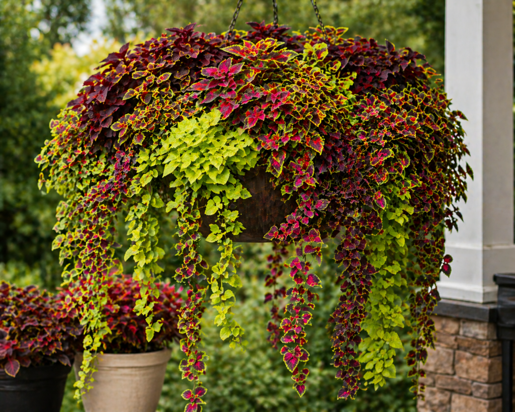 Trailing coleus cascading from a hanging basket with colorful burgundy, pink, and lime-green foliage, creating a lush ornamental display.
