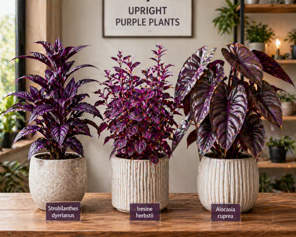 Upright purple indoor plants in decorative pots, featuring Persian Shield, Iresine, and Alocasia with bold vertical growth and rich purple foliage.
