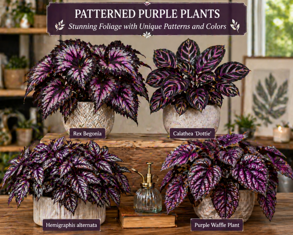 Patterned purple foliage plants displayed indoors, featuring Rex Begonia, Calathea Dottie, and Purple Waffle Plant with rich textured leaves and decorative pots.
