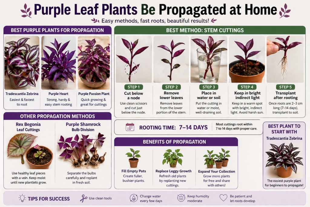 Indoor purple leaf plant propagation guide showing stem cuttings rooting in water and soil, with examples like Tradescantia, Purple Heart, and Purple Shamrock.
