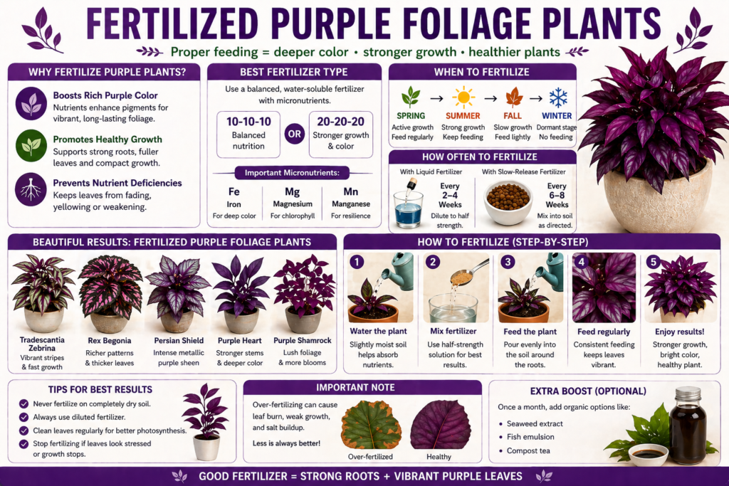 Healthy purple foliage plants with rich vibrant leaves after fertilizing, showing stronger growth and deeper purple color in decorative pots.
