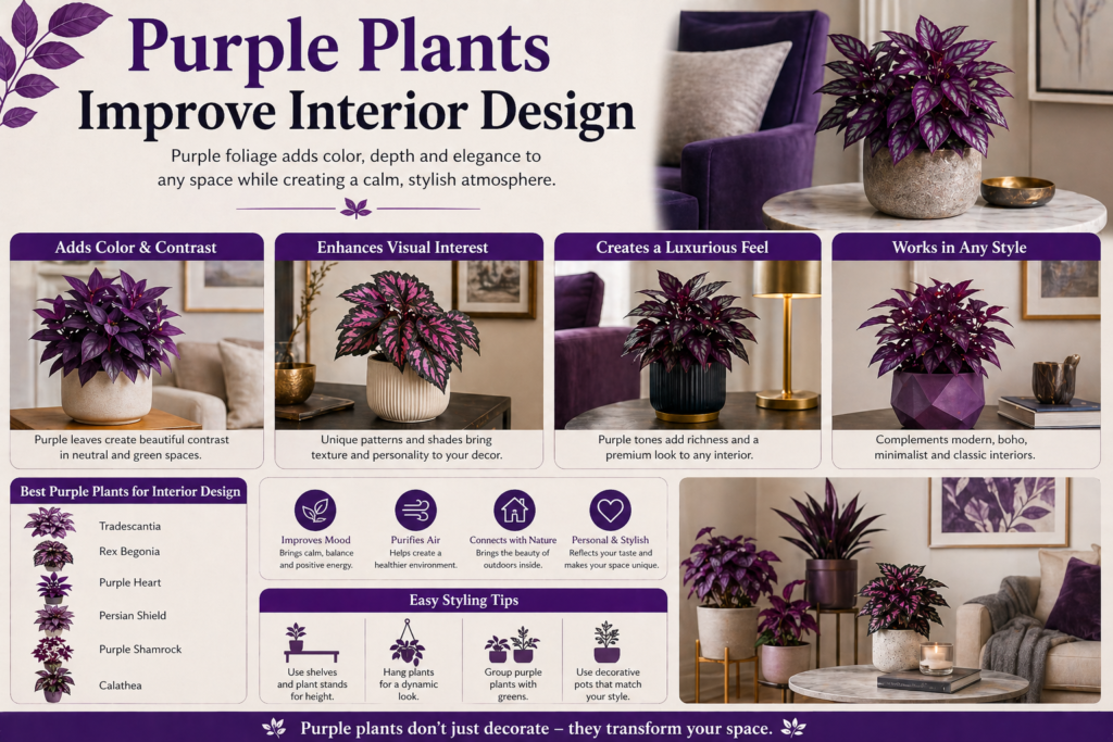 Purple indoor foliage plants styled in a modern living room, adding bold color, contrast, and decorative depth to the interior space.
