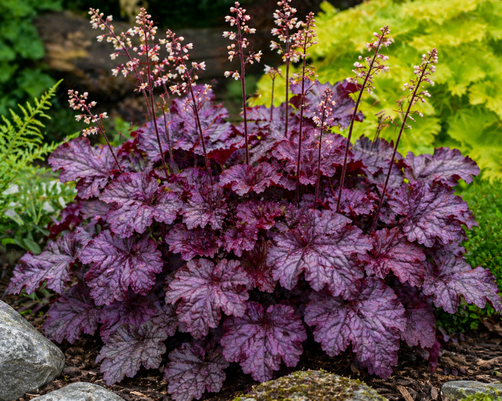 Close-up of a Heuchera plant with deep purple ruffled foliage and delicate flower spikes growing in a shaded garden bed.
