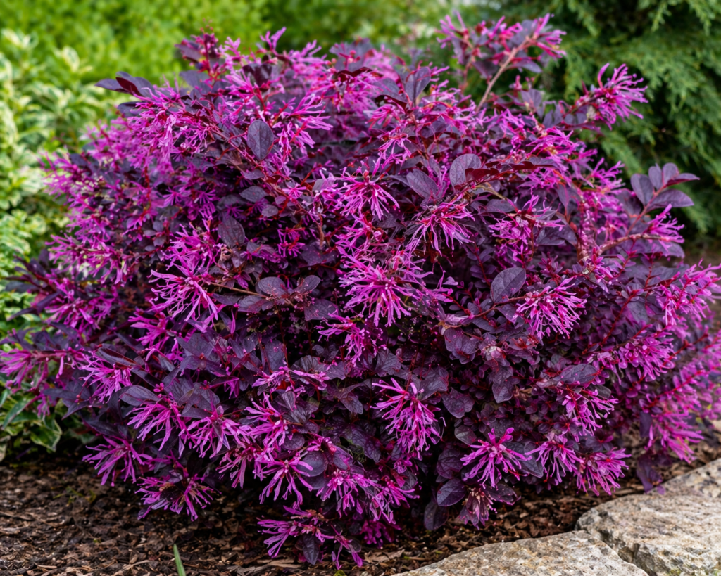 Loropetalum chinense shrub with rich burgundy-purple foliage and bright pink fringe flowers growing in a landscaped garden border.
