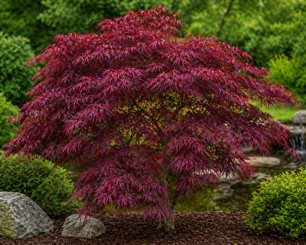 Japanese Maple (Acer palmatum) with finely textured deep purple-red leaves creating an elegant focal point in a landscaped outdoor garden.
