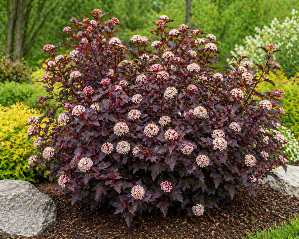 Ninebark (Physocarpus opulifolius) shrub with rich burgundy-purple foliage and textured peeling bark growing in a landscaped garden border.
