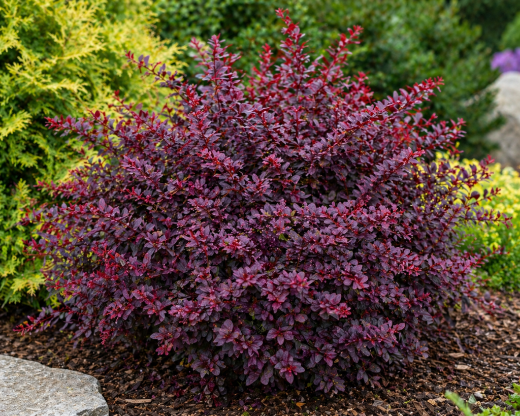 Japanese Barberry (Berberis thunbergii) shrub with dense burgundy-purple foliage growing in a garden border, showing compact structure and rich seasonal color.
