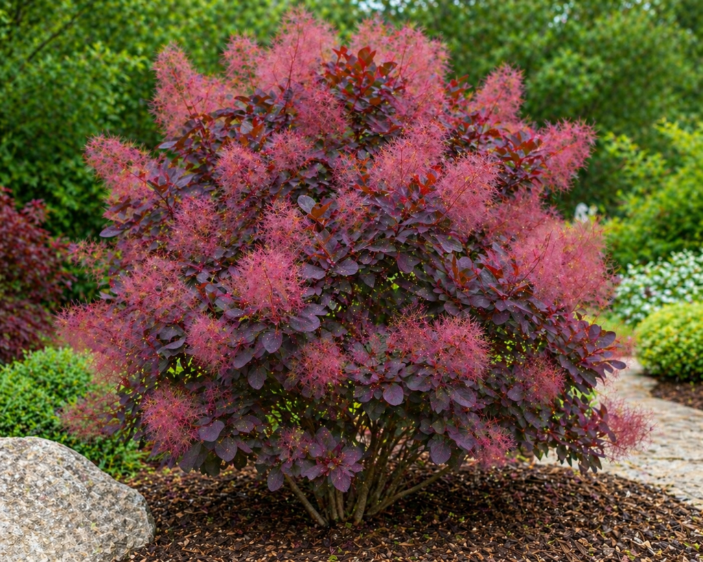 Smoke Bush (Cotinus coggygria) with deep purple foliage and soft smoky pink flower plumes growing as a bold ornamental shrub in a landscaped garden.
