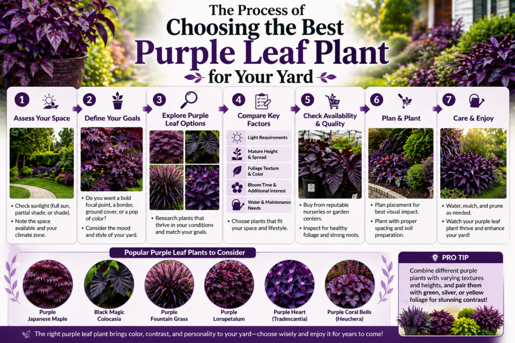 Step-by-step infographic showing how to choose the best purple leaf plant for your yard based on sunlight, space, maintenance, and landscape goals.
