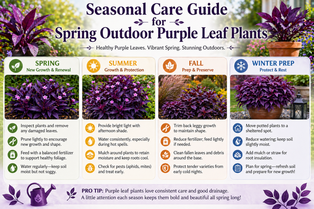 Seasonal care guide for outdoor purple leaf plants, showing spring planting tips and year-round maintenance steps for healthy foliage and strong growth.
