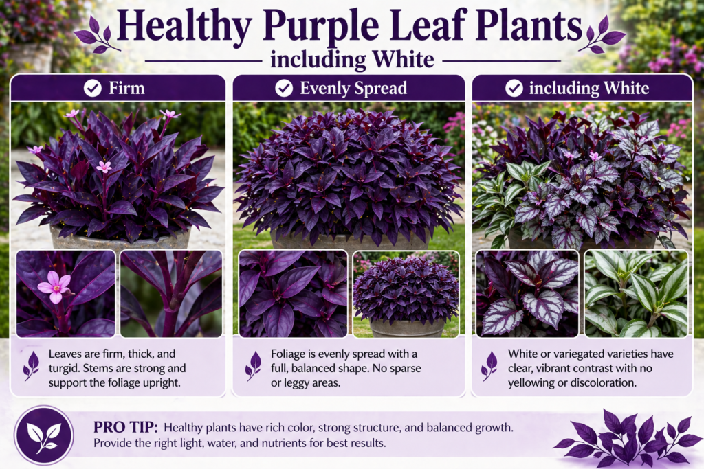Healthy purple leaf plants with firm stems and evenly spread foliage, showing strong growth, vibrant color, and balanced plant structure.
