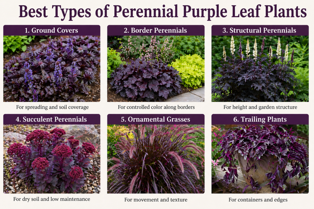 The main types of perennial purple leaf plants, including ground covers, border perennials, structural plants, succulents, ornamental grasses, and trailing varieties.
