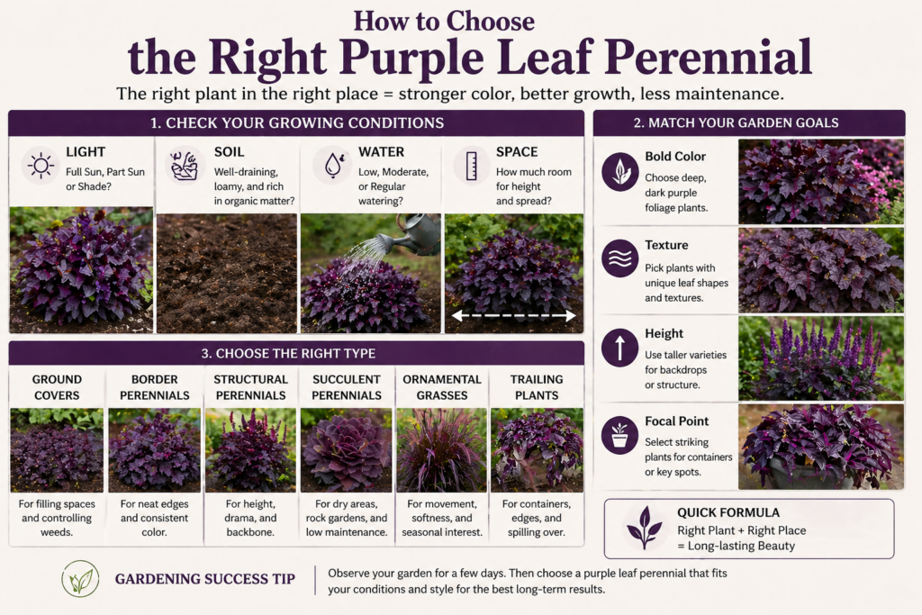 The right purple leaf perennial based on sunlight, soil, watering needs, plant size, and garden design purpose.
