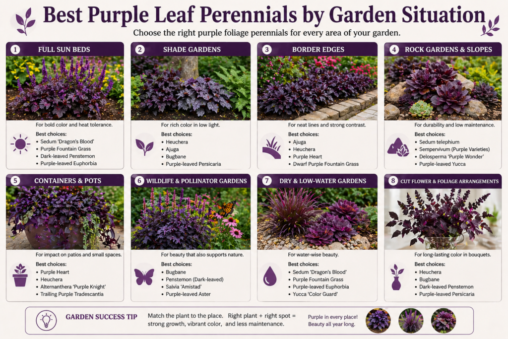 Purple leaf perennial plants arranged by garden use, showing the best options for shade, ground cover, drought, containers, height, and pollinator-friendly gardens.
