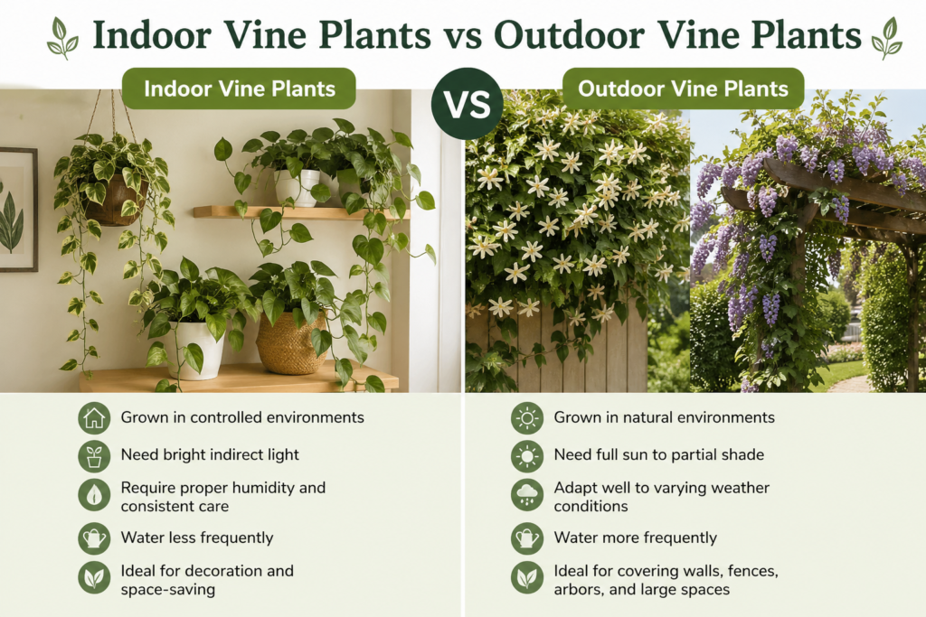 Indoor and outdoor vine plants compared side by side, showing differences in growing environment and support systems.
