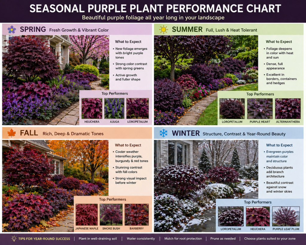 Seasonal purple plant performance chart showing spring, summer, fall, and winter growth patterns of purple foliage plants in a residential landscape garden.
