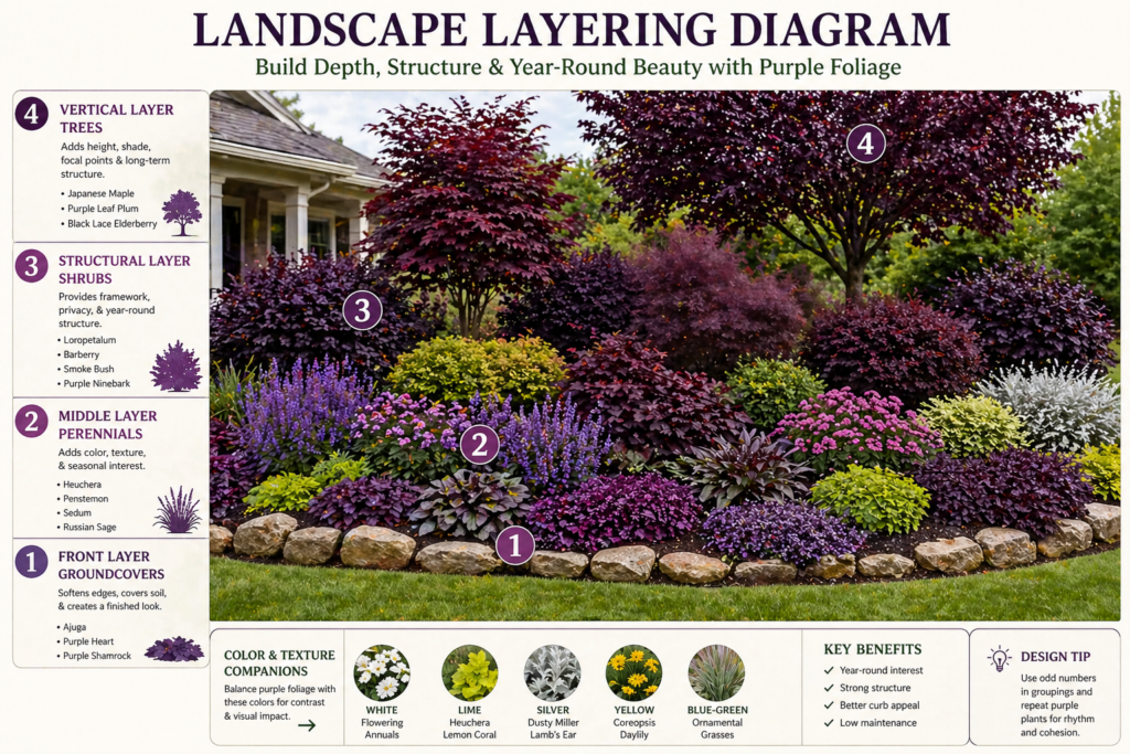 Layered landscape design using purple foliage plants for year-round color and structure.
