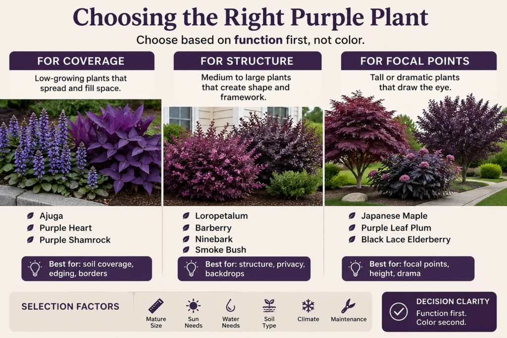The right purple plant based on coverage, structure, or focal point needs in landscape design.
