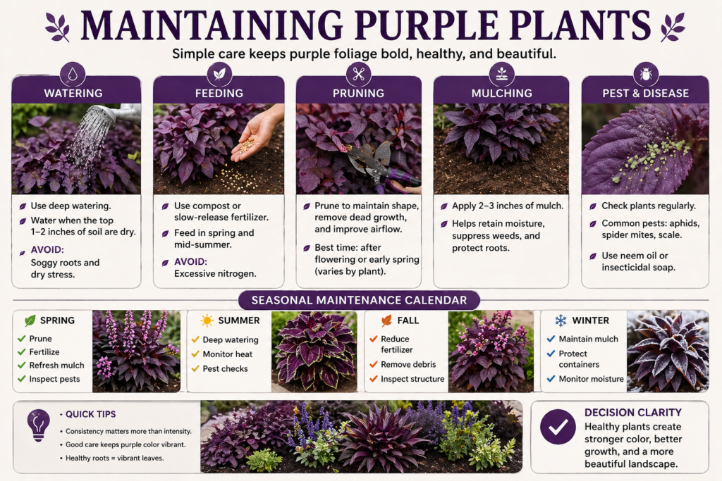 Purple plant care infographic showing watering, pruning, feeding, and mulching for healthy foliage.
