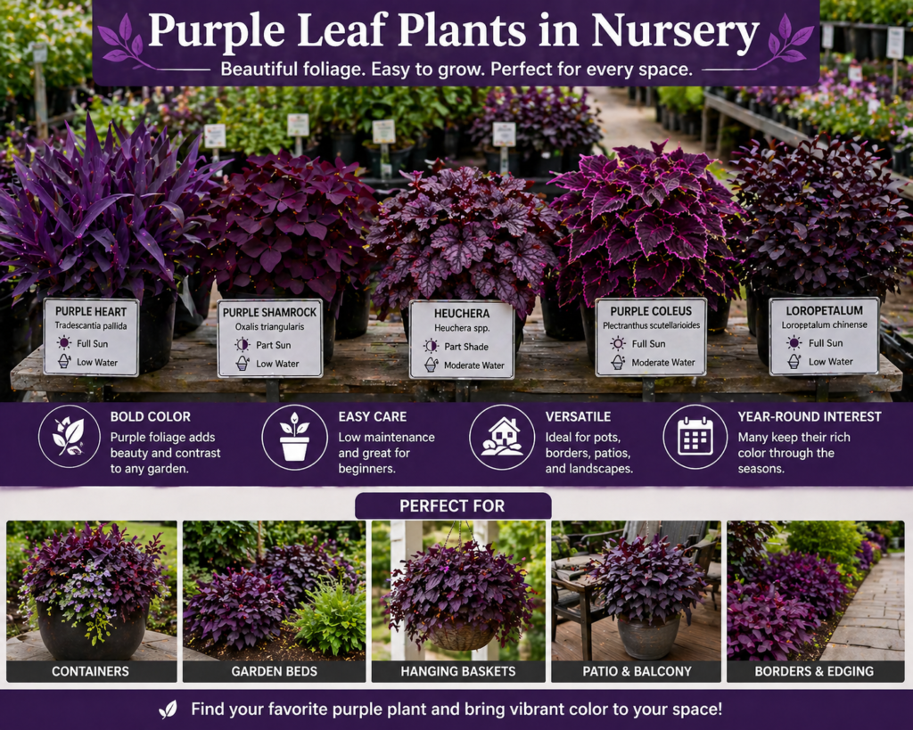 Purple leaf plants displayed in nursery pots, showing healthy foliage and strong root-ready growth for landscape planting.
