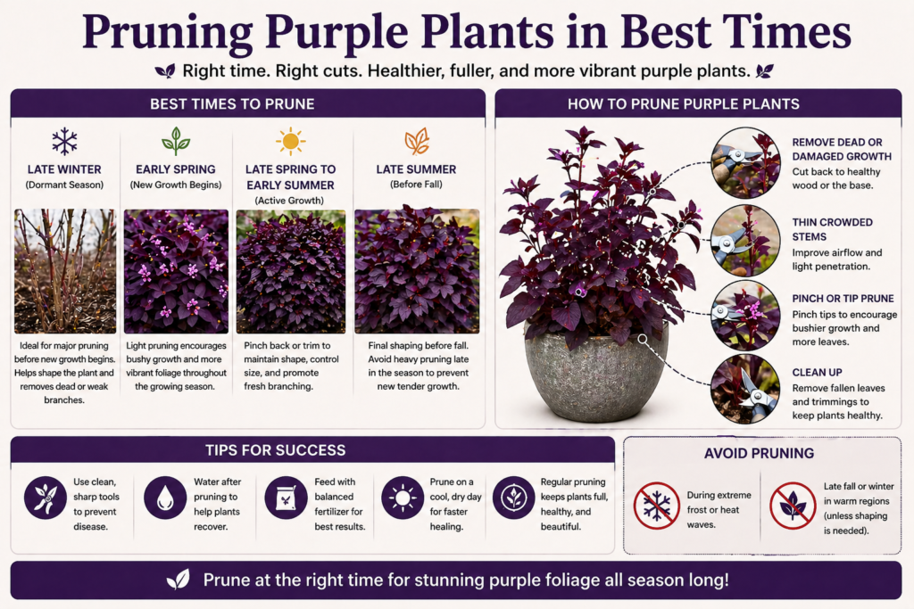 Pruning schedule guide for purple plants showing the best seasonal timing and trimming methods for healthy growth.

