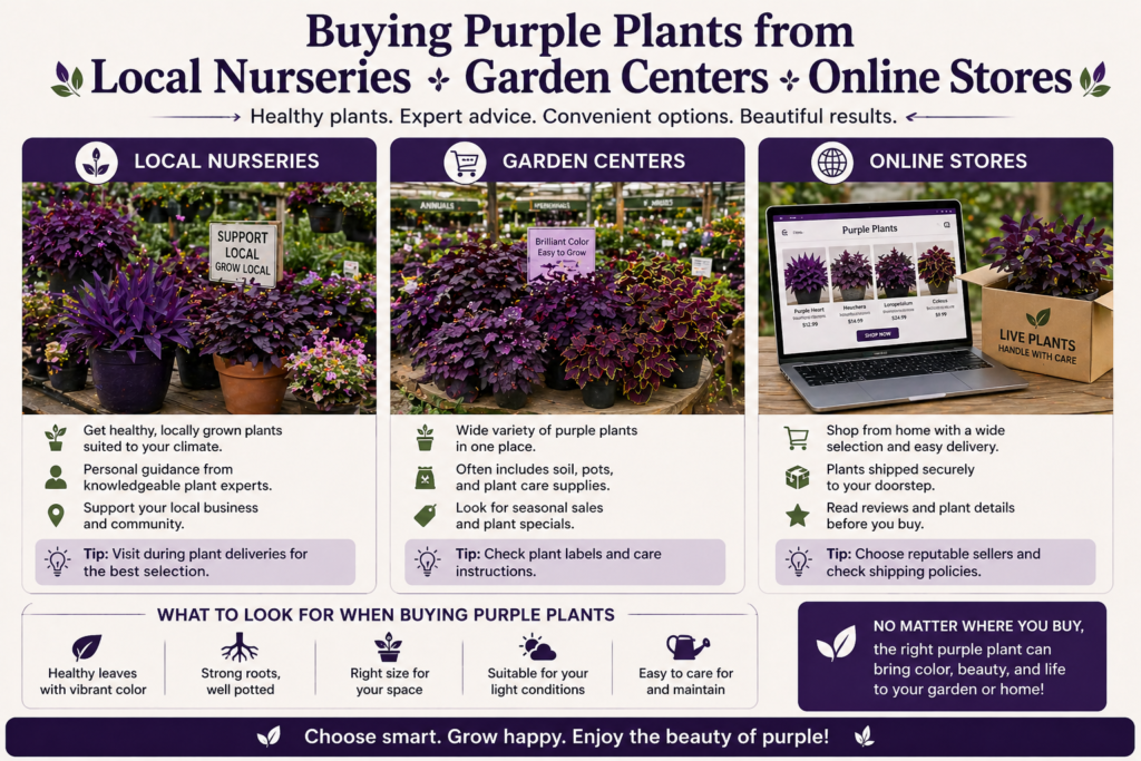 Guide showing where to buy purple plants from local nurseries, garden centers, and online stores for healthy landscape selections.
