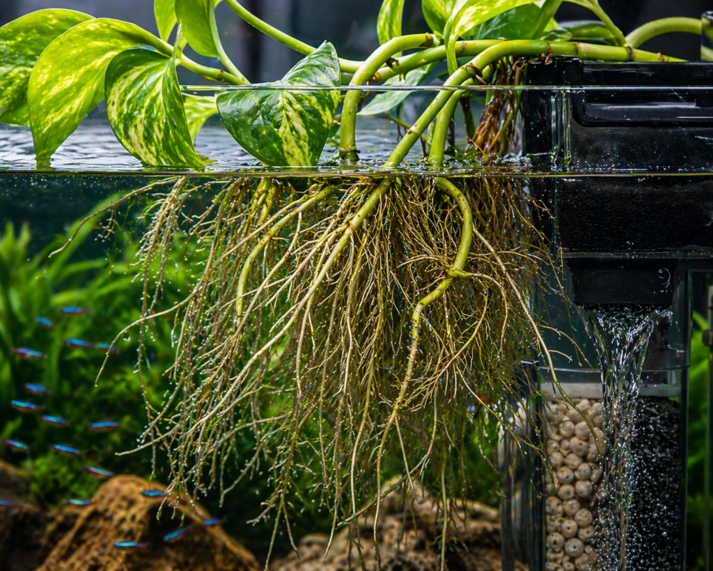 Pothos roots absorbing nutrients in aquarium 