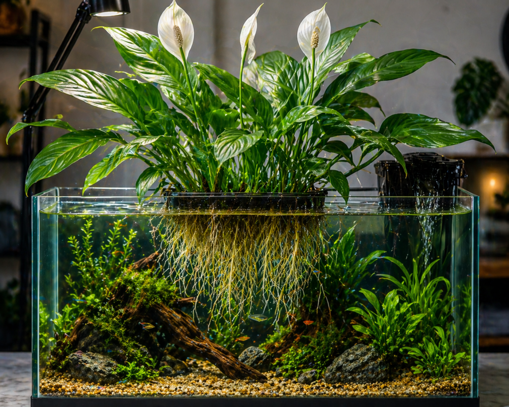 Peace lily used as emergent plant in aquarium 