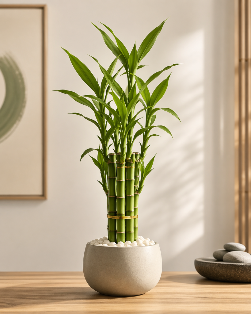 Minimalist lucky bamboo in a ceramic pot, softly lit.
