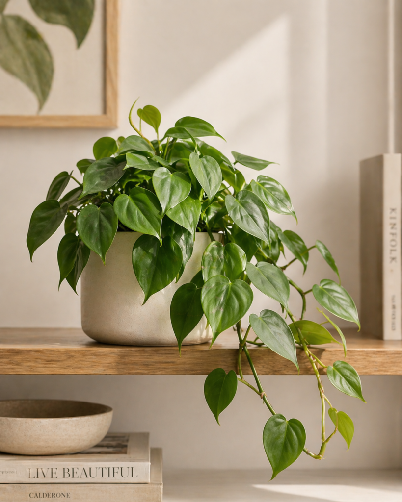 Philodendron in a pot with trailing green leaves.
