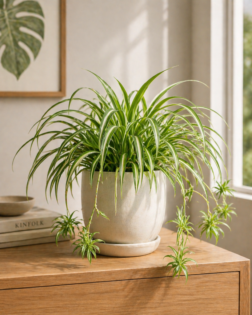 Spider plant with long striped leaves in a ceramic pot by a sunlit window.
