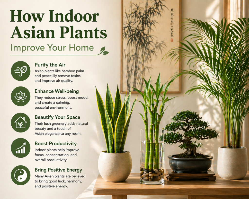 Indoor Asian plants improve your home, with lucky bamboo, snake plant, and bonsai in a bright minimalist setting.